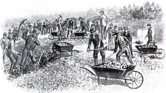Extraction du minerai de fer, île Bell, vers 1900
