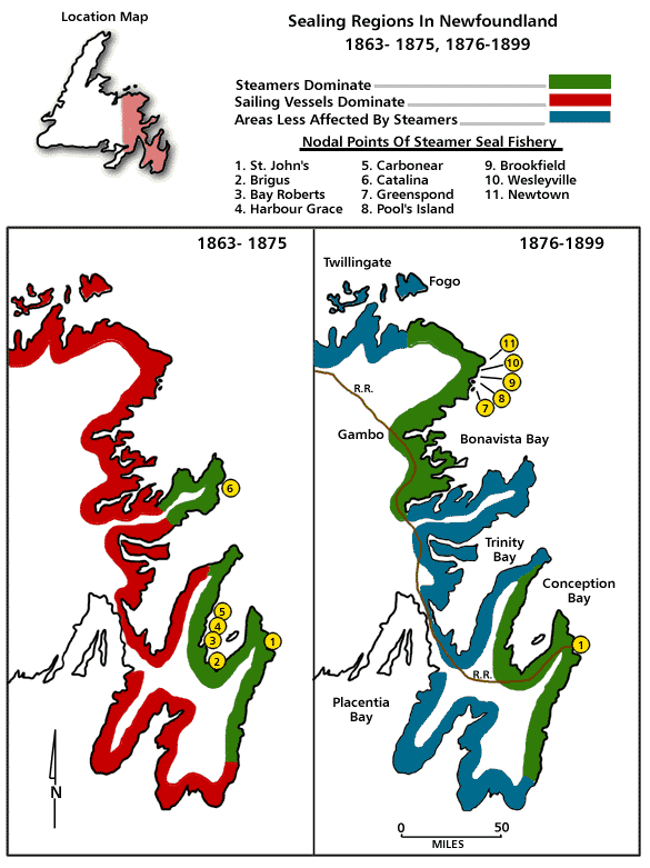 Régions de chasse au phoque à Terre-Neuve, 1863-1875 et 1876-1899