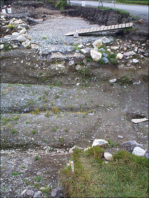 Le fossé où l'on a découvert les vestiges des pièces d'appui et des mortaises du pont.