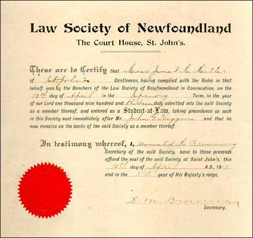 Janet Miller's certificate of admission to the Law Society, ca. 1913