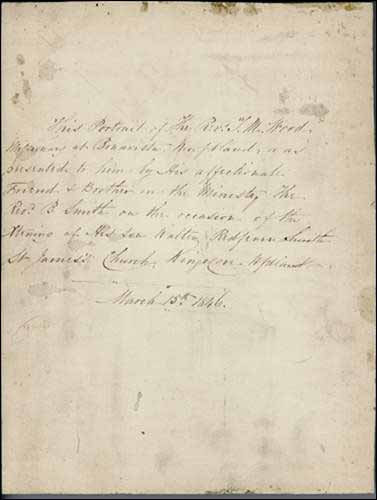 Writing on back of Reverend Thomas Wood sketch