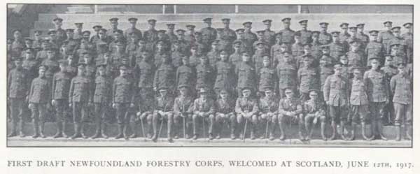 Premier contingent du Newfoundland Forestry Corps, accueilli en Écosse le 12 juin 1917