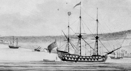 A drawing of of a royal navy vessel in St. John's Harbour in 1786