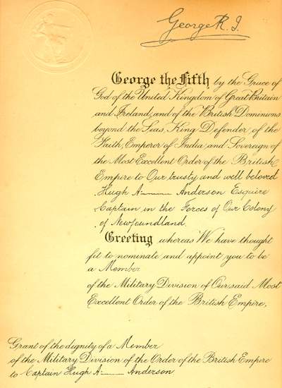 Certificate granting Hugh Anderson membership in the Military Division of the Order of the British Empire