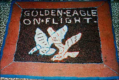Hooked Mat Based on Golden Eagle Gas Station Sign in Holyrood, Conception Bay