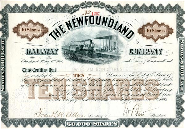 Dix actions de la Newfoundland Railway Company, 1881