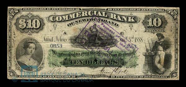 Billet de la Commercial Bank of Newfoundland, dévalué de 10 $ à 2 $, après 1894