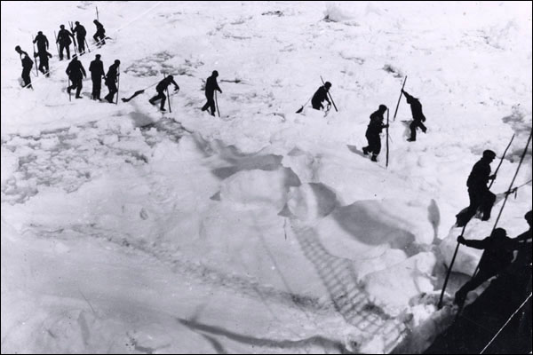 Chasseurs de phoques halant des peaux jusqu'au navire, s. d.