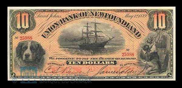 Billet de l'Union Bank of Newfoundland, dévalué de 10 $ à 8 $, après 1894
