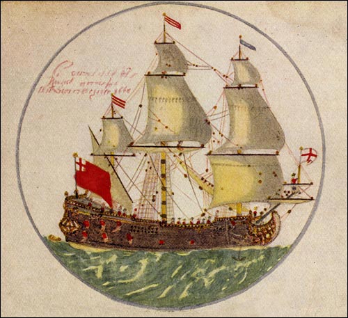 Un croquis d'Edward Barlow du navire de transport Real Friendship, en 1668