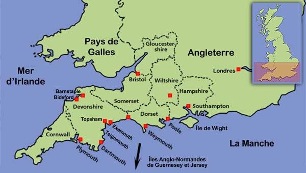 Carte du sud-ouest de l'Angleterre (le West Country) Carte du sud-ouest de l'Angleterre (le West Country)