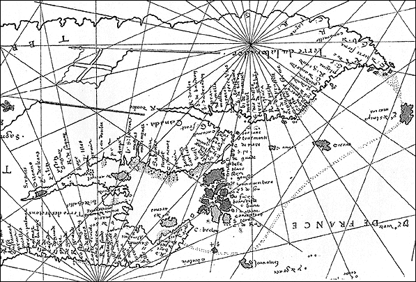 Carte du monde de Desliens (avec orientation nord) montrant une partie de l'Amérique du Nord, vers 1541