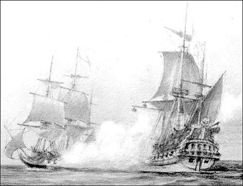 Navire corsaire britannique dans le feu de l'action