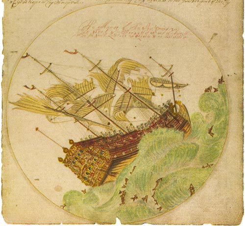 Représentation du XVIIe siècle, par Edward Barlow, du navire Sampson luttant contre une tempête en avril 1694