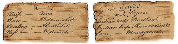 Deux pages de la liste de mots béothuks du révérend John Leigh