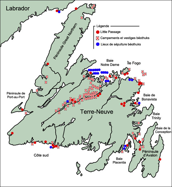 Carte illustrant des campements de Little Passage, des campements et des lieux de sépulture des Béothuks ainsi que des observations faites à leur sujet.
