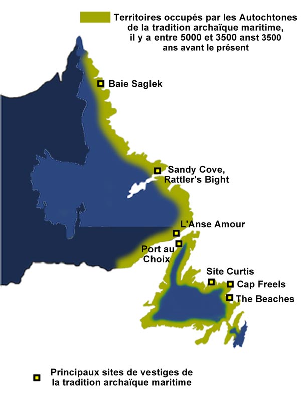 Territoires de Terre-Neuve et du Labrador occupés par les Autochtones de la tradition archaïque maritime, il y a entre 5000 et 3500 ans