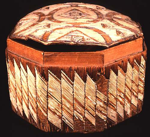 This is a Fine Example of a Mi'kmaq Birch-Bark Box Decorated with Porcupine Quills Collected in Newfoundland in the Early 19th Century