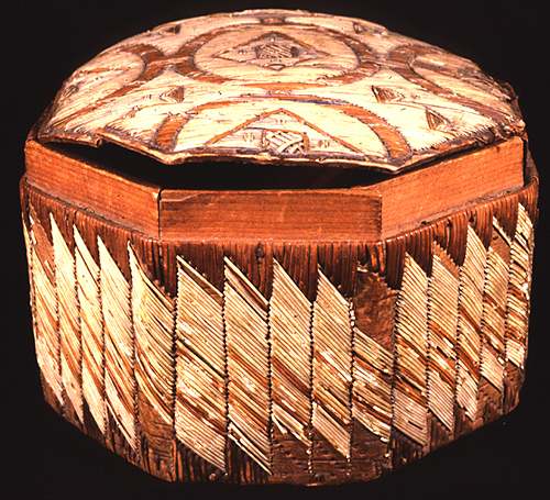 This is a Fine Example of a Mi'kmaq Birch-Bark Box Decorated with Porcupine Quills Collected in Newfoundland in the Early 19th Century