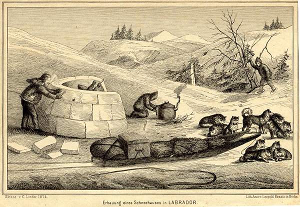 Construction d'un igloo (Illuvigaq) au Labrador, 1874