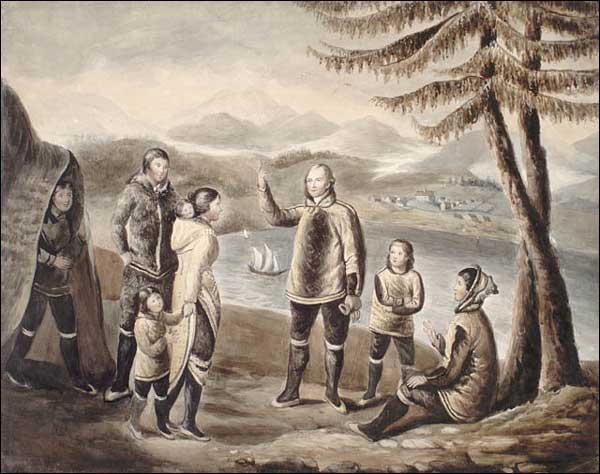 Inuit du Labrador avec un missionnaire morave, vers 1819