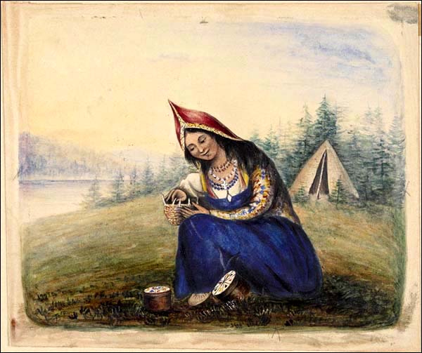 Une Mi'kmaq tressant des paniers, vers 1845