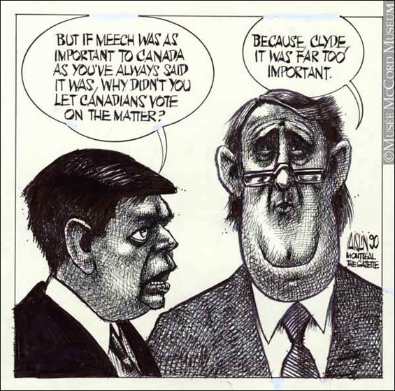 Caricature de Clyde Wells et Brian Mulroney, 1990 Caricature de Clyde Wells et Brian Mulroney, 1990