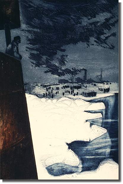 Une œuvre de David Blackwood, SS Imogene et son équipage sur la glace, 1967