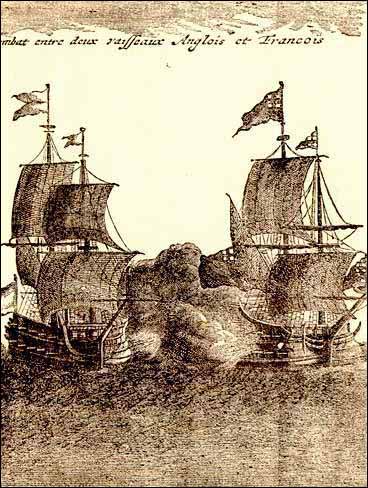 Un navire de guerre anglais et un navire de guerre français s'affrontant lors d'une bataille, s.d.