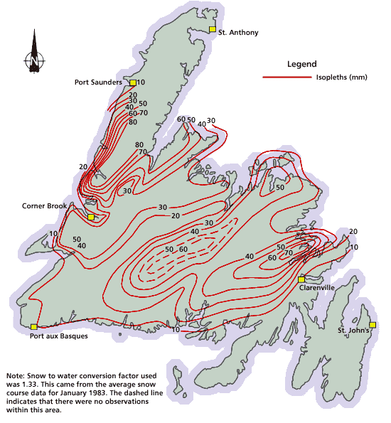 Water equivalent of the snow cover on January 11, 1983