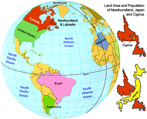Land Area and Population of Newfoundland, Japan, and Cyprus