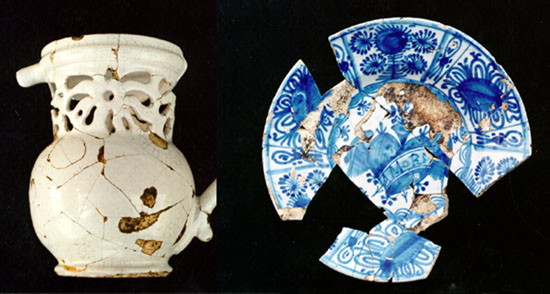 'Puzzle Jug' (left) and Plate From the Midden