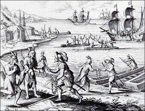 A fanciful depiction of John Guy's 1612 encounter with the Beothuk in Trinity Bay