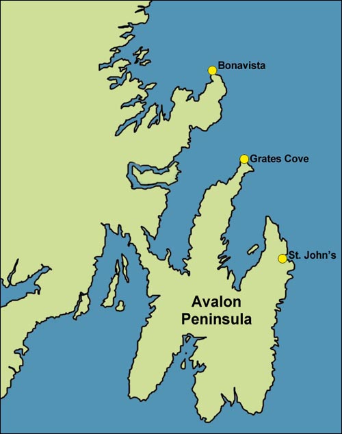 Map of Eastern Newfoundland Showing Grates Cove