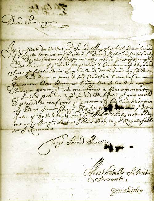 Letter from Lady Sara Kirke to King Charles II, 1660