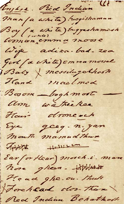 From R.G. Latham's Copy of a List of Beothuk Words Obtained From Shanawdithit by W.E. Cormack