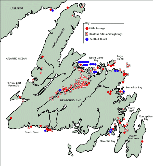 Map Showing Little Passage Campsites, Beothuk Campsites and Sightings and Beothuk Burials