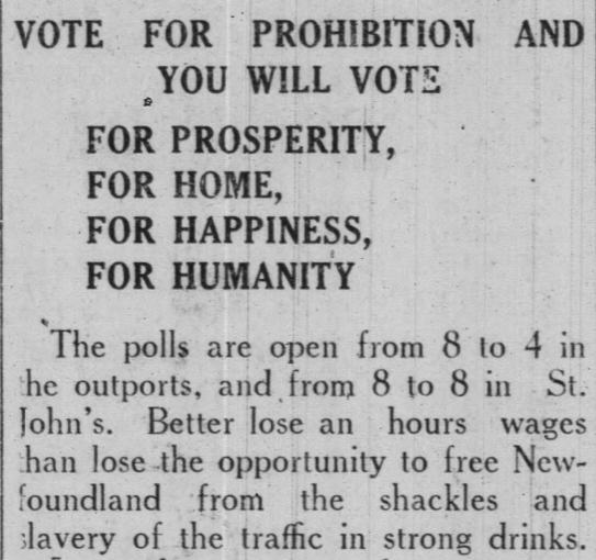Vote for Prohibition Advertisement,The St. John's Daily Star, November 4, 1915 Vote for Prohibition Advertisement,The St. John's Daily Star, November 4, 1915