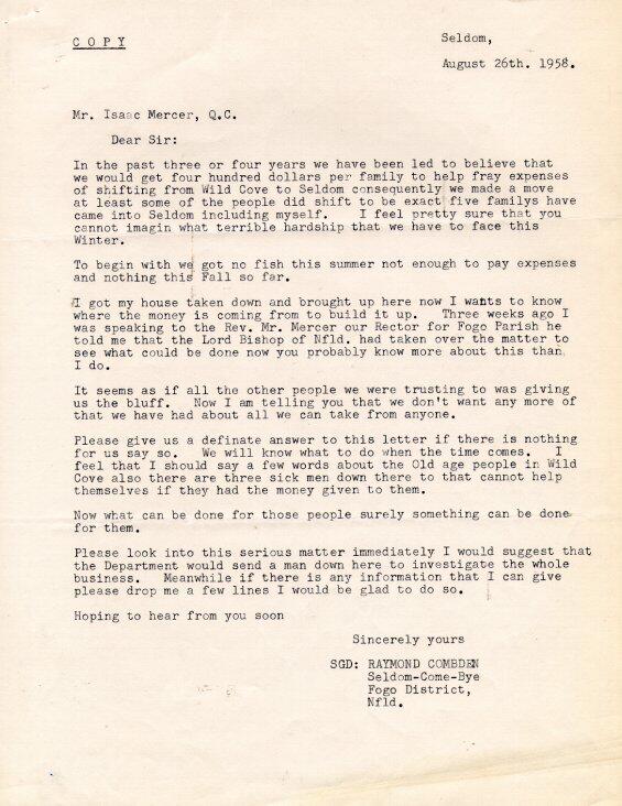 Raymond Combden Letter to Isaac Mercer, 1958