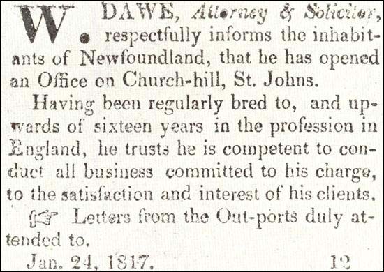 Newspaper Announcement of William Dawe, Attorney & Solicitor Newspaper Announcement of William Dawe, Attorney & Solicitor