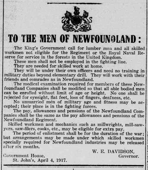 Newfoundland Governor Sir Walter Davidson's Call for Recruits to the Forestry Corps