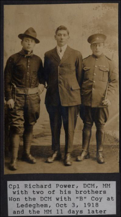 Cpl. Richard Power, DCM, MM with Two of His Brothers. Won the DCM with 'B' Coy at Ledgeham, Oct 3, 1918 and the MM 11 Days Later