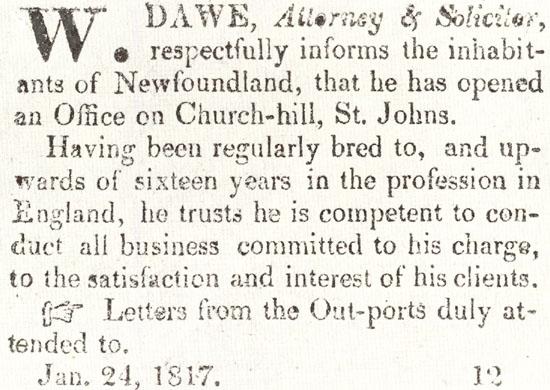 Announcement of Wm. Dawe, Attorney and Solicitor