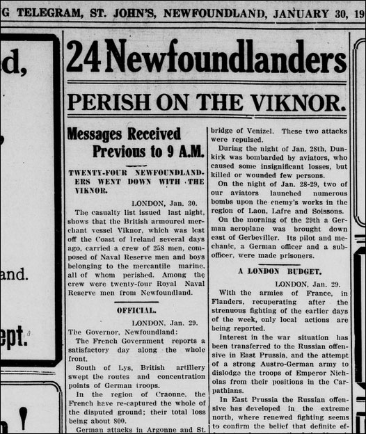 L'<em>Evening Telegram</em> du 30 janvier 1915