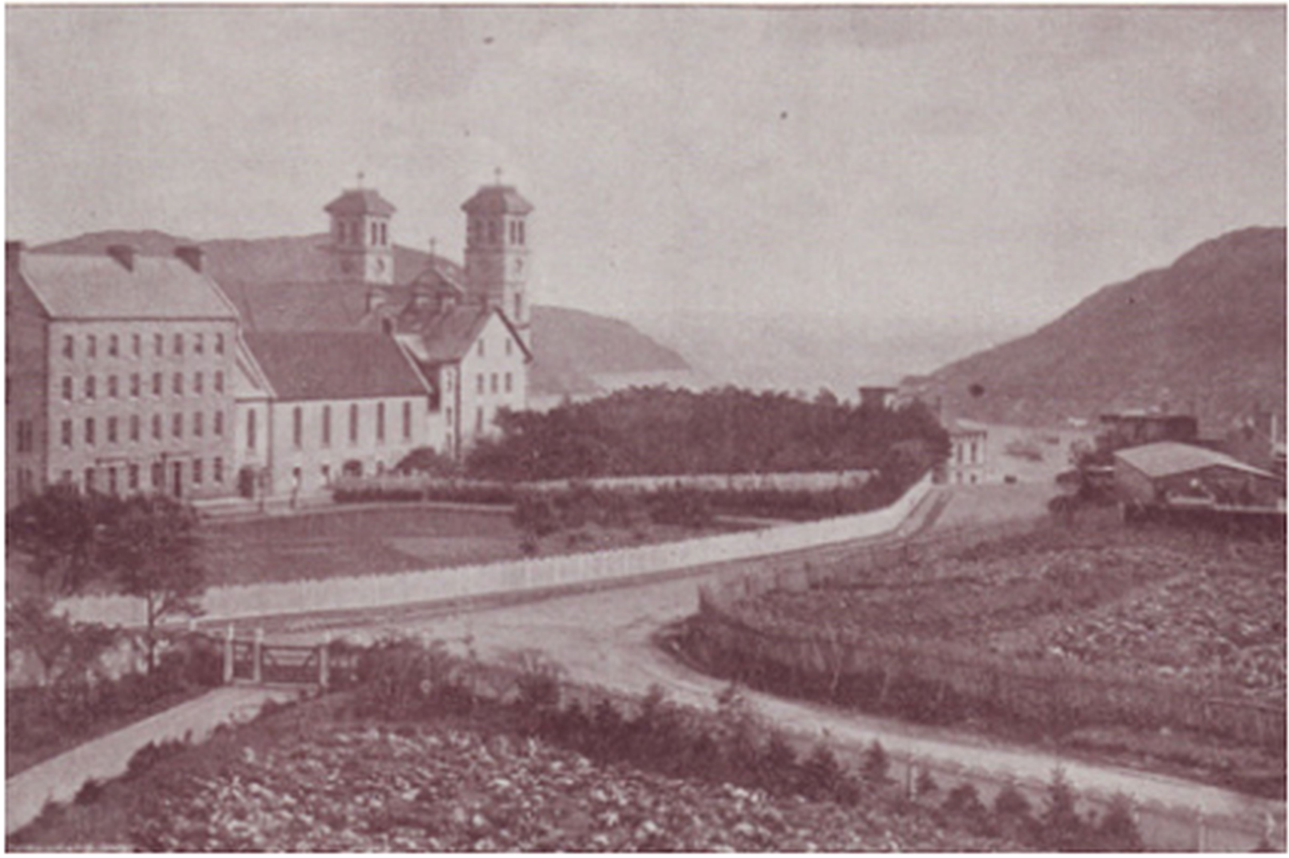 St. Bonaventure's College, the Mullock Library, and the Episcopal Palace, with the Cathedral in the background.