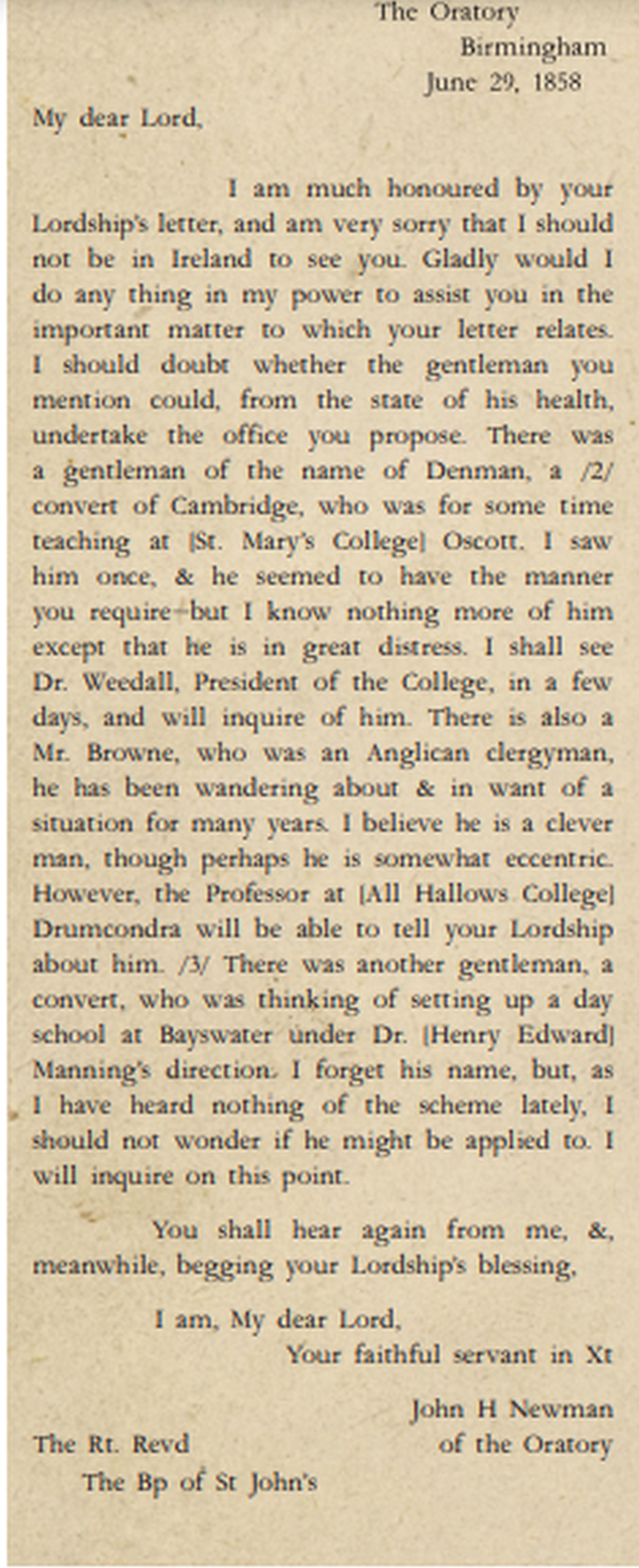 Letter written by Newman to Mullock