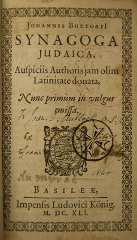 Johannes Buxtorf, Synagoga Judaica (Basel: Ludovicus K&ouml;nig, 1641)and Lexicon Hebraicum et Chaldaicum: complectens omnes vocestam primas quam derivatas, qu&aelig; in Sacris Bibliis, Hebr&aelig;&acirc;, & ex parte Chald&aelig;&acirc; lingu&acirc; scriptis extant (London: Jacobus Junius and Moses Bell, 1646). 114 x 170 mm; Illustration: spines