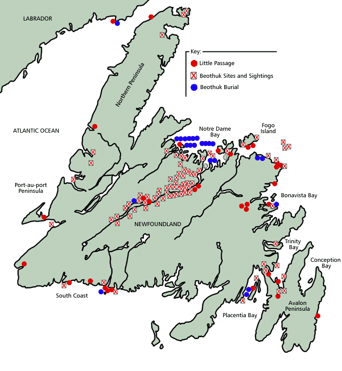 Map Showing Little Passage Campsites, Beothuk Campsites and Sightings and Beothuk Burials