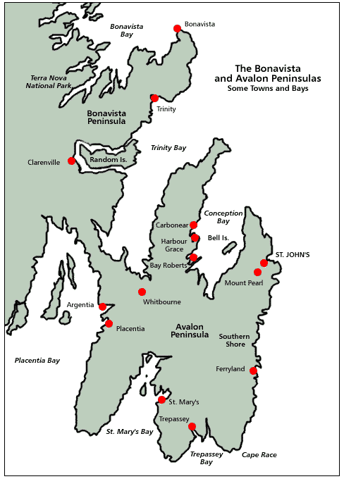Map of the Bonavista and Avalon Peninsulas